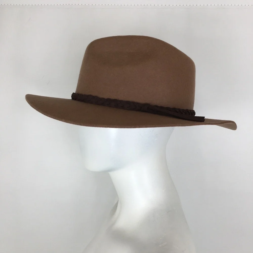 Banana Republic Boho Wool Felt Hat Tan Dark Brown Braided Leather Hat Band